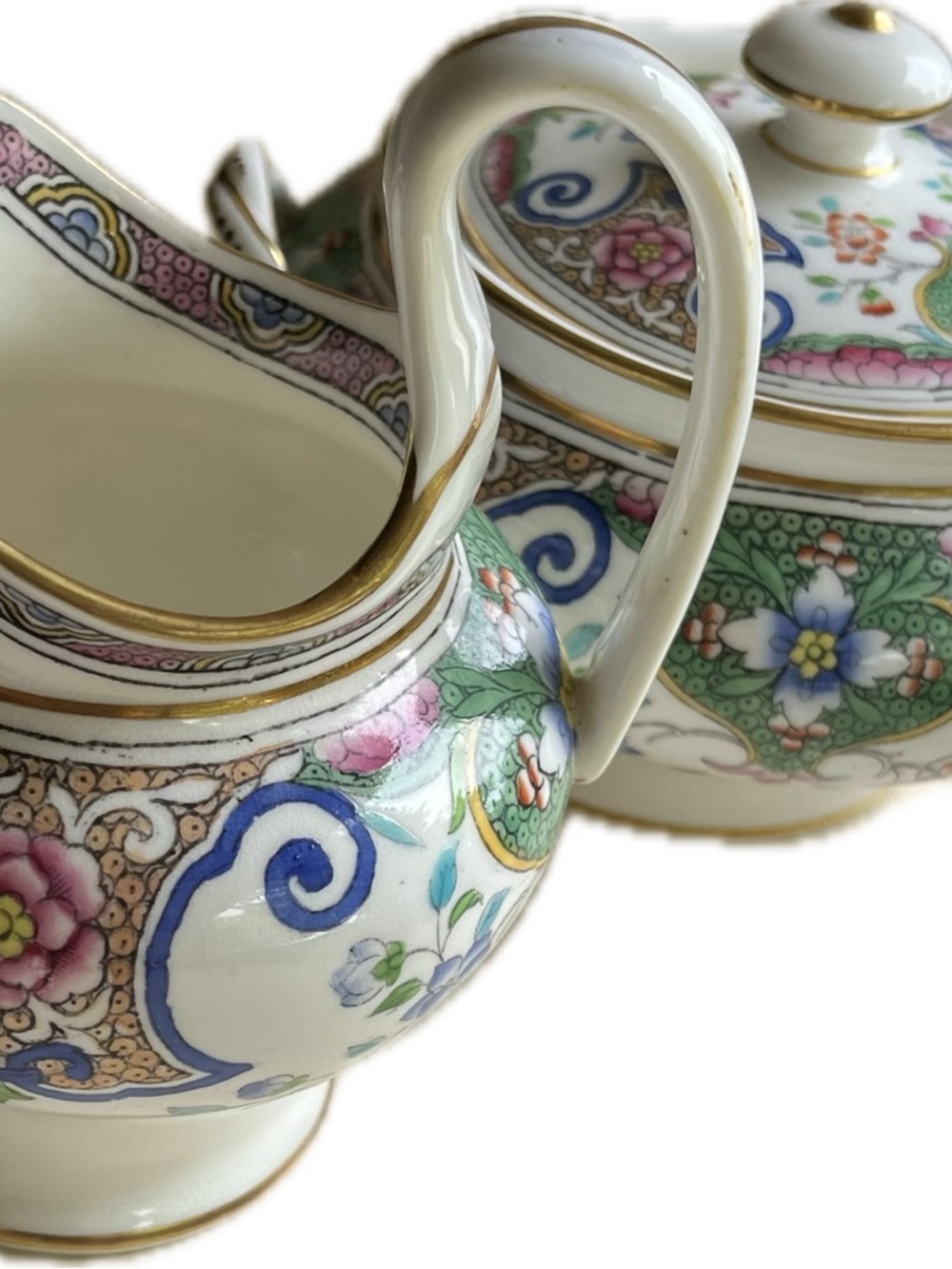Antique Minton sugar bowl and creamer set, multi color